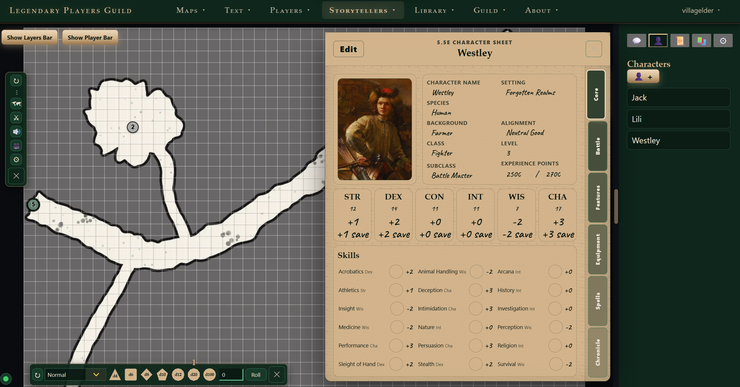An adventure map open in the Legendary Players Guild virtual tabletop